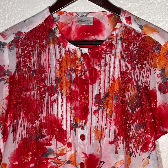 Christina M Floral Button-Up Tunic Embroidered Pin-Tuck 3/4 Sleeves Red & Orange - Picture 3 of 16